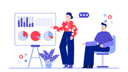 Two people examining whiteboard with graphs/charts, ideal for business presentations, teamwork concepts, brainstorming sessions, data analysis discussions.