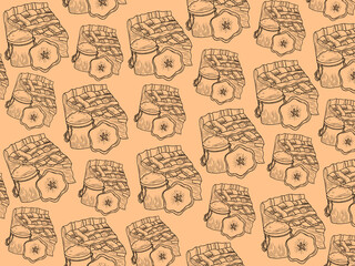 seamless pattern with pie cake. hand drawn outline on holiday season vibes background. high resolution for design with a whimsical and enchanting brown bakery theme