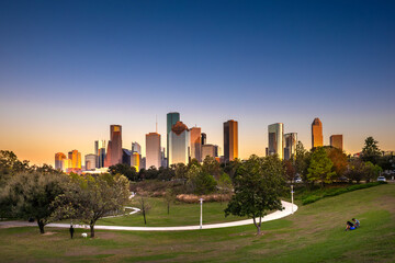 Houston Downtown modern business city with skyscraper city scape with park view from Buffalo Bayou...