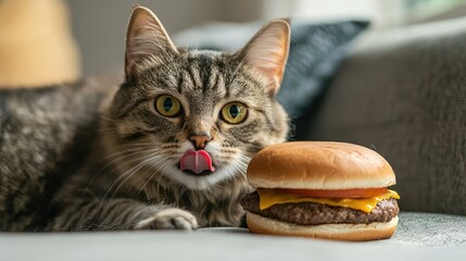 A cat with a fast food burger next to it on the sofa, licking its lips, unsure if it should devour it.