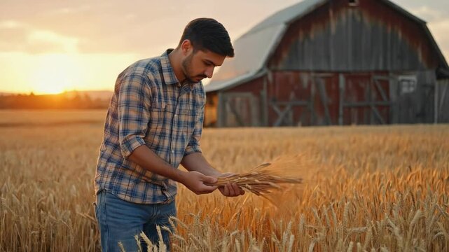 Farmer in the Field: A focused farmer, surrounded by a field of golden wheat, meticulously inspects the harvest under a warm, inviting sky, capturing the essence of agriculture.