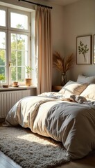 Cozy bedroom, soft bedding, plush carpet, gentle morning light streaming through window, peaceful and relaxing atmosphere, perfect for a restful sleep or quiet morning ,  peaceful,  hygge