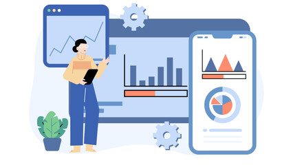 Woman presenting data on computer screen and phone, suitable for business presentations, technology blogs, remote work articles, and educational materials.