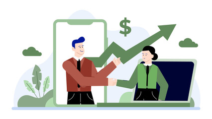 Strategy partnership between companies.Suitable for online business concepts. Virtual handshake, screens, digital communication, business agreement illustration