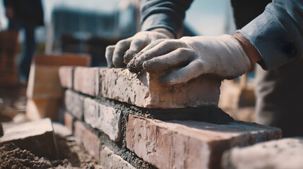 A mason carefully placing each brick on a construction site, ensuring the wall is perfectly straight and level.