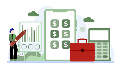 Person stands with a large pencil near dollar sign chart, smartphone, briefcase, and calculator. Perfect for financial, business, and investment concepts.