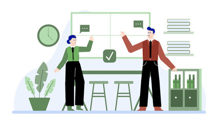 Man and woman presenting ideas on a whiteboard, suitable for presentations, teamwork, brainstorming concepts, business strategy discussions, and collaboration scenes.