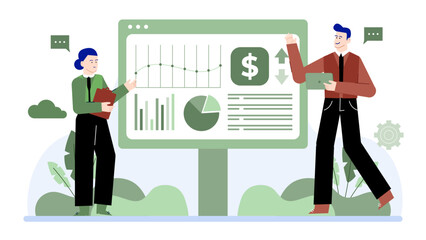 Two people discussing business charts and graphs. Suitable for presentations, financial reports, teamwork concepts, and business analysis related projects.