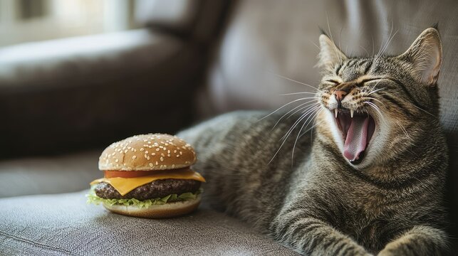 A cat yawning on a sofa, with a fast food burger beside it, looking content and relaxed.