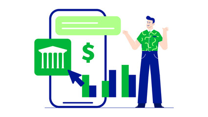 Man smiling, pointing at a smartphone with a bank icon. Perfect for finance, technology, banking, mobile app concepts in marketing.