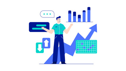 Man presenting a business graph suitable for financial presentations, data analysis blog posts, annual reports, and marketing materials.