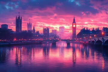 Fototapeta premium London skyline at sunset pink cityscape