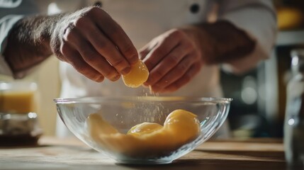 Chef preparing fresh egg yolks in glass bowl for culinary creations