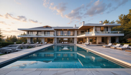 Fototapeta premium Modern backyard pool, patio, and lawn design 