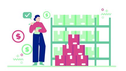 Woman holding a clipboard in front of a warehouse shelf, suitable for logistics, inventory management, warehouse organization concepts.