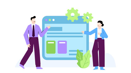 Two people pointing at a website, suitable for showcasing digital marketing, web design or team collaboration concepts, with copy space.