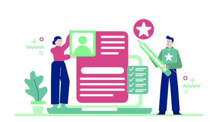 Two individuals fill out a form with pen and star, suitable for educational, office, paperwork, business concept designs.