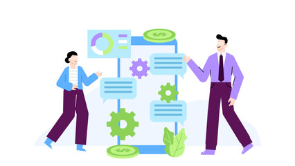 Two people stand near a large phone with gears and dollar signs. Suitable for business communication or financial concepts.