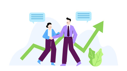 Two people hand shaking with green arrow at the background. Strategy partnership between companies