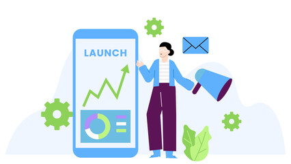 Person with a megaphone by a phone showing a launch graph. Suitable for marketing campaigns, business promotions, and product launches.