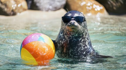 A cheerful seal in sunglasses, playing with a beach ball in the shallow water.