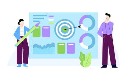 Business partners analyzing target chart, collaboration, goal setting, teamwork, strategic planning, success, financial growth, progress tracking, achievement celebration.