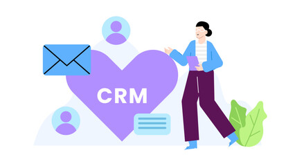 CRM concept with woman and heart. Suitable for marketing materials, social media content, website illustrations, and business presentations. Great for love themed designs.