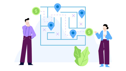 Man and woman in maze with dollar signs. Suitable for financial planning, investment, teamwork, business strategy concepts in design projects.