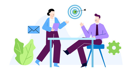 Two people discussing a target at a table. Suitable for corporate, business, teamwork, goal setting, strategy, and meeting concepts.
