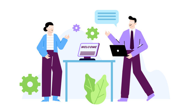 Two people welcoming new employee to company. Suitable for onboarding materials, training presentations, corporate blog posts, and HR resources.