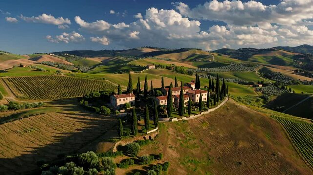 Aerial view of scenic tuscan countryside with rolling hills and vibrant greenery