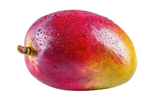 Close-up of fresh ripe mango with water droplets on black background, cut out
