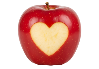 Red apple with a heart shaped cut-out isolated on transparent background Generative Ai.	
