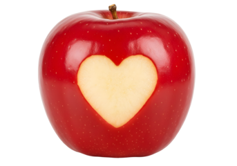 Red apple with a heart shaped cut-out isolated on transparent background Generative Ai.	
