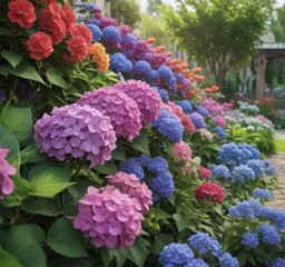 Vibrant hydrangea blooms amidst colorful garden flowers and charming decor , vintage, purple, rustic