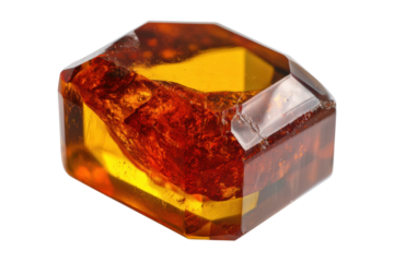 Translucent polished amber gemstone with hexagonal shape and deep orange tones, cut out