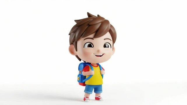 Excited Cartoon Boy with Backpack Smiling Joyfully on White Background