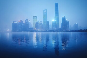Shanghai skyline at dawn misty cityscape