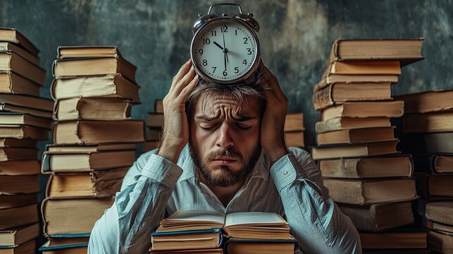 An overworked man with books and a clock on his head. 