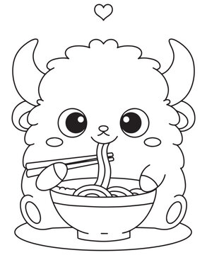 Coloring book  cow happily slurping noodles from a bowl with chopsticks