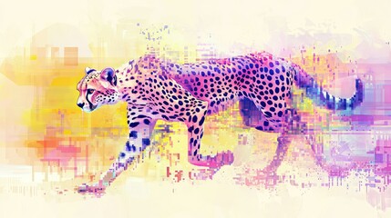 A cheetah's form broken up into abstract blocks of pastel colors like blush pink, pastel yellow, and soft lavender, creating a modern art feel.