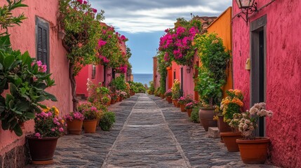 Fototapeta premium Colorful alleyway lined with vibrant flowers and pastel houses, leading to the ocean