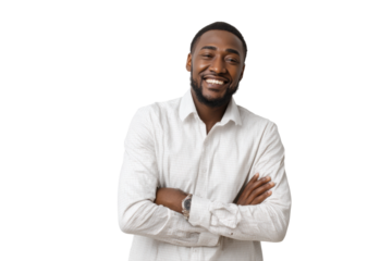 Smiling african male adult in white shirt with arms crossed on black background, cut out