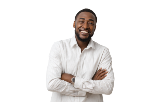 Smiling african male adult in white shirt with arms crossed on black background, cut out