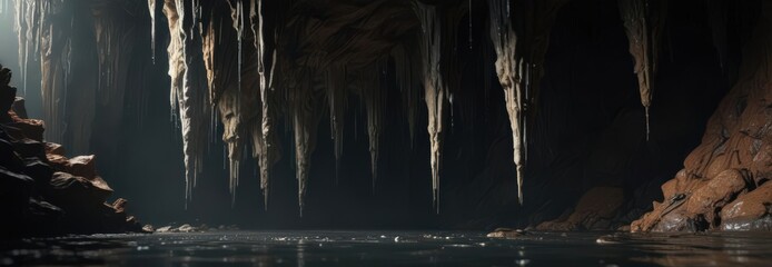Modern grunge cave; water drips on sharp stalactites,  geology,  wet,  rock