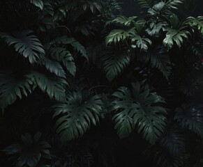 Intricate dark tropical leaves, vines, shadows on black  Lush, mysterious jungle foliage ,  foliage,  green