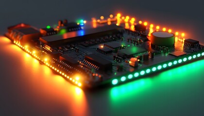 Illuminated circuit board with colorful led lights.