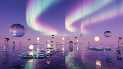 Fantasy Aurora Landscape with Floating Glass Orbs Over Arctic Water – Surreal Sci-Fi Dreamscape