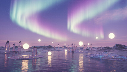 Surreal Aurora Dreamscape with Floating Orbs Over Frozen Landscape – Fantasy Sci-Fi Scene