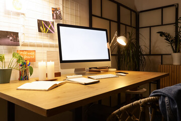 Workplace with blank computer monitor and glowing lamp in dark office interior